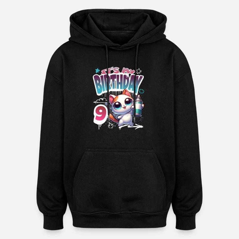9th Birthday Cat Graffiti - Oversized Unisex Hoodie - black