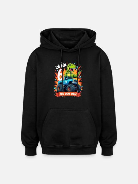 Dinosaur 6th Birthday Monster Truck - Oversized Unisex Hoodie - black
