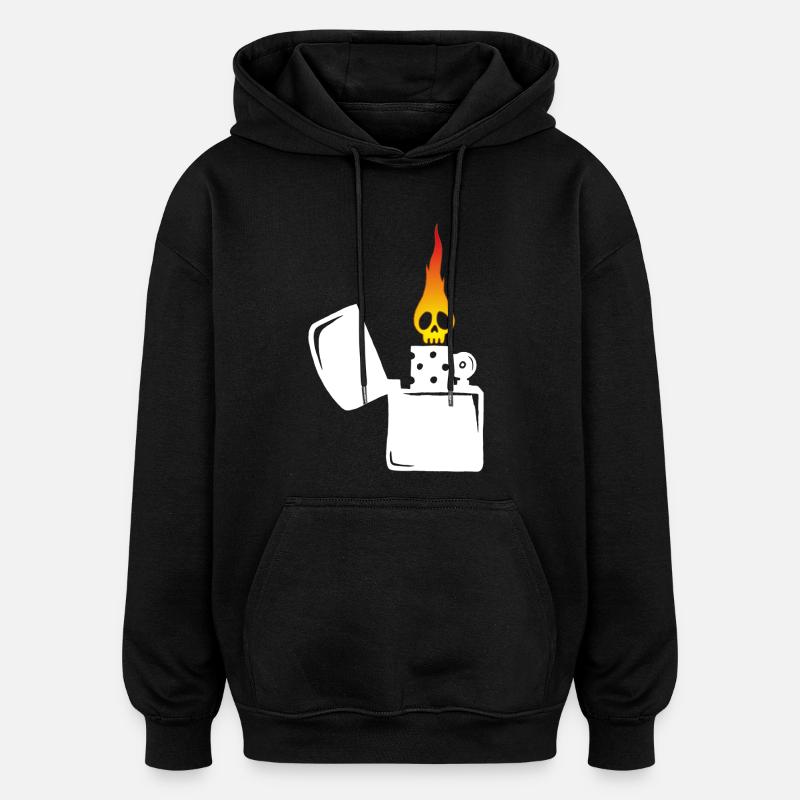 Flammenschädel und weißes Feuerzeug - Oversized Unisex Hoodie - Schwarz