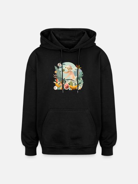 Playful monkey with tropical fruits - Oversized Unisex Hoodie - black