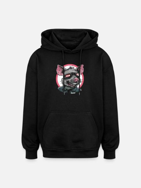Coole Ratte mit Brille und Lederjacke - Oversized Unisex Hoodie - Schwarz