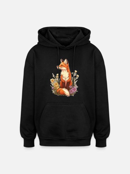 Fox with flowers and blossoms - Oversized Unisex Hoodie - black