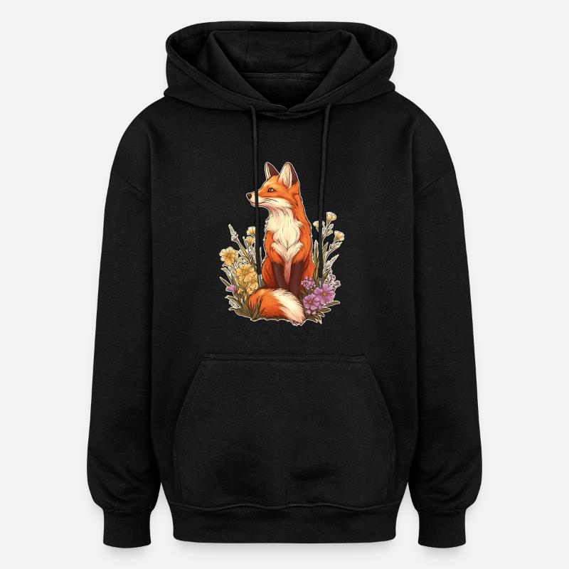 Fox with flowers and blossoms - Oversized Unisex Hoodie - black