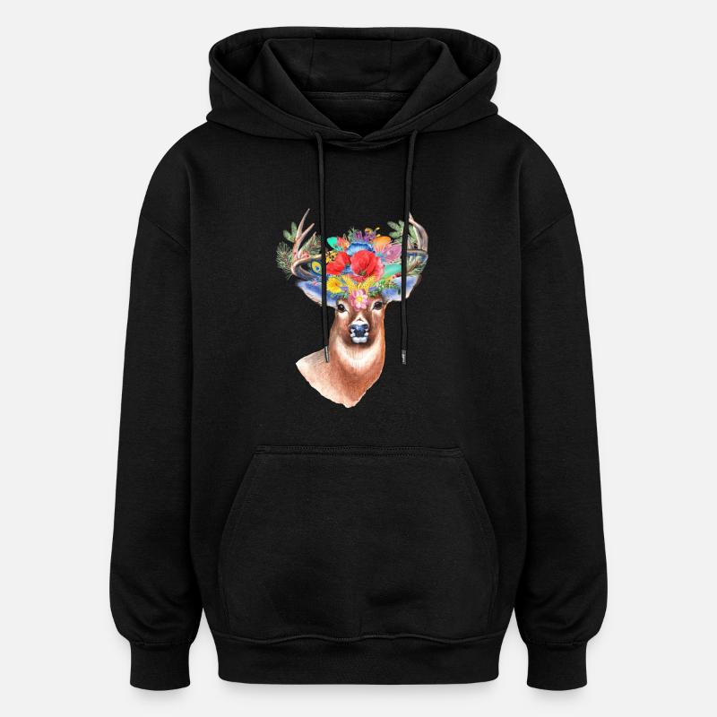 Hirsch mit Blumen - Oversized Unisex Hoodie - Schwarz