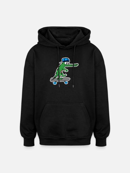 Crocodile with skateboard and cap - Oversized Unisex Hoodie - black