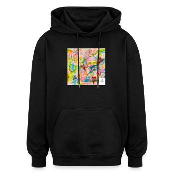 Graffiti JOY I statement styles I chrart2wear - Oversized Unisex Hoodie - black - Front - Noah (186cm)