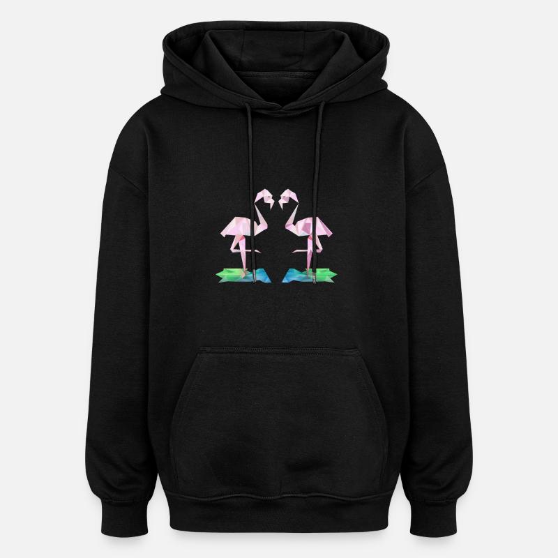Flamingo low-poly - Sweat à capuche oversize unisexe - noir