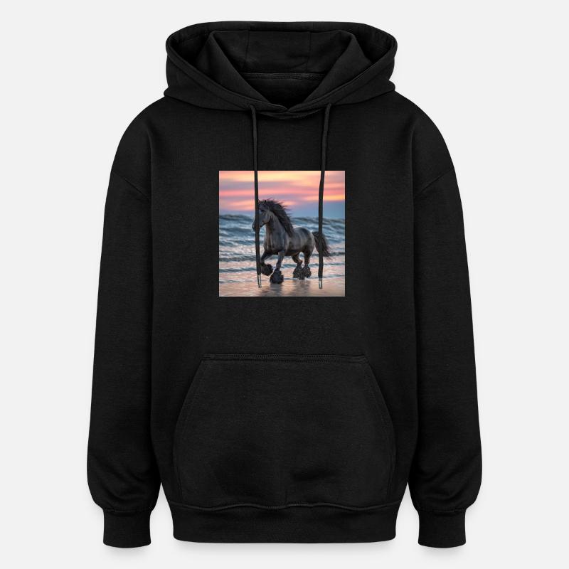Cheval frison sur la plage - Sweat à capuche oversize unisexe - noir
