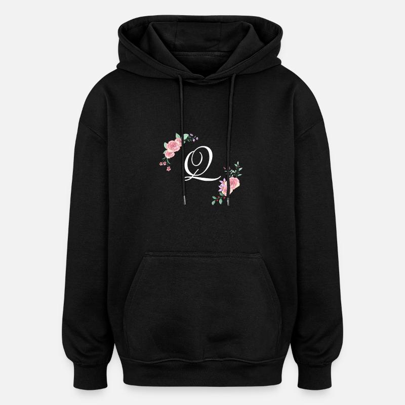 Lettre q florale rose - Sweat à capuche oversize unisexe - noir