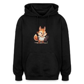 Renard avec téléphone portable - Sweat à capuche oversize unisexe - noir - Devant - Noah (186cm)
