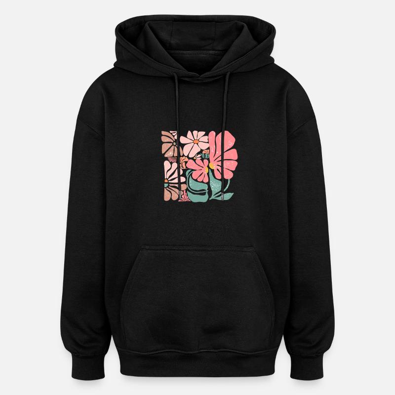 Fleurs groovy rétro rose - Sweat à capuche oversize unisexe - noir