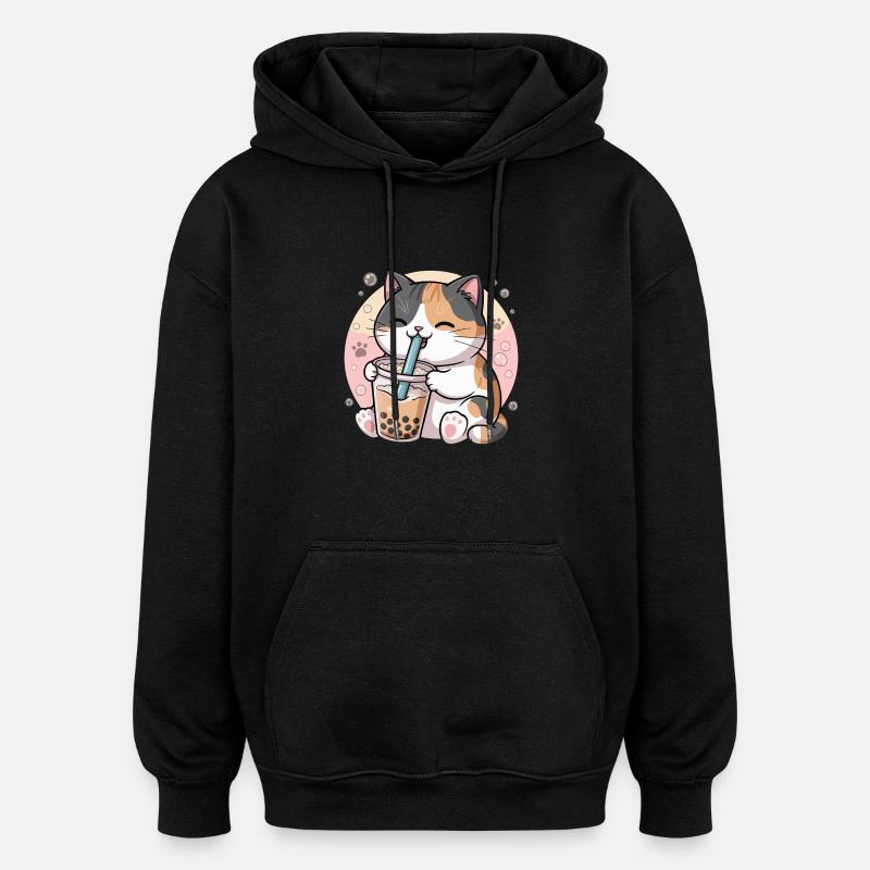 Katze trinkt Bubble Tea - Oversized Unisex Hoodie - Schwarz