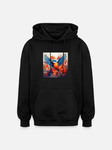IJsvogel, kolibrie, hibiscus, bloemen, kleurrijke, schilderen - Oversized uniseks hoodie - zwart