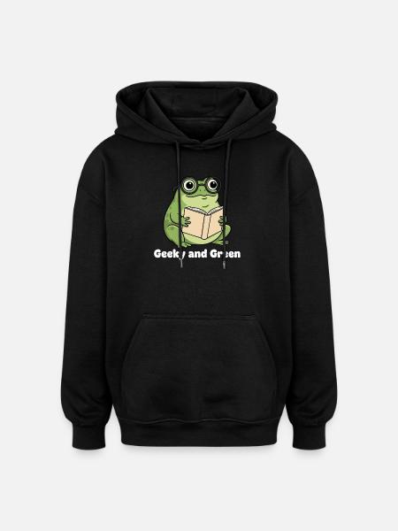 Geeky Green Frog Reading - Oversized Unisex Hoodie - black
