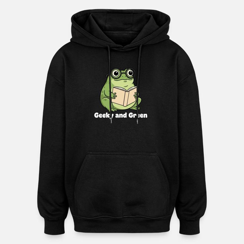 Lecture de grenouille verte geek - Sweat à capuche oversize unisexe - noir