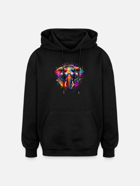 Bunter Elefant mit Kopfhörern - Oversized Unisex Hoodie - Schwarz