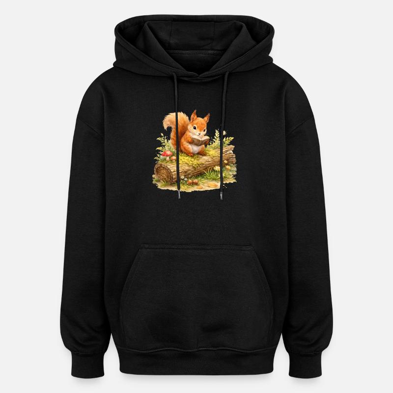 Squirrel Reading Book Illustration - Oversized Unisex Hoodie - black