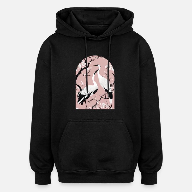 Kraniche und Kirschblüten - Oversized Unisex Hoodie - Schwarz