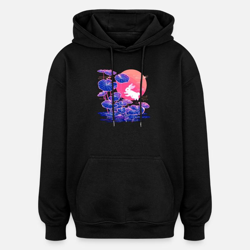 Neonhasen-Lotuswald im Abendlicht - Oversized Unisex Hoodie - Schwarz