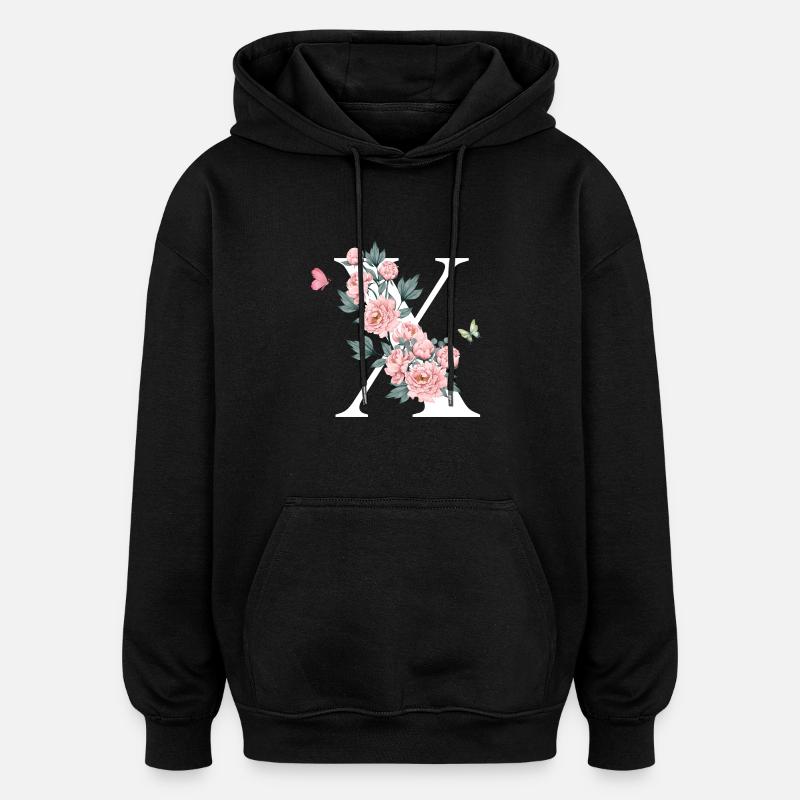 Lettre x fleurs rose - Sweat à capuche oversize unisexe - noir