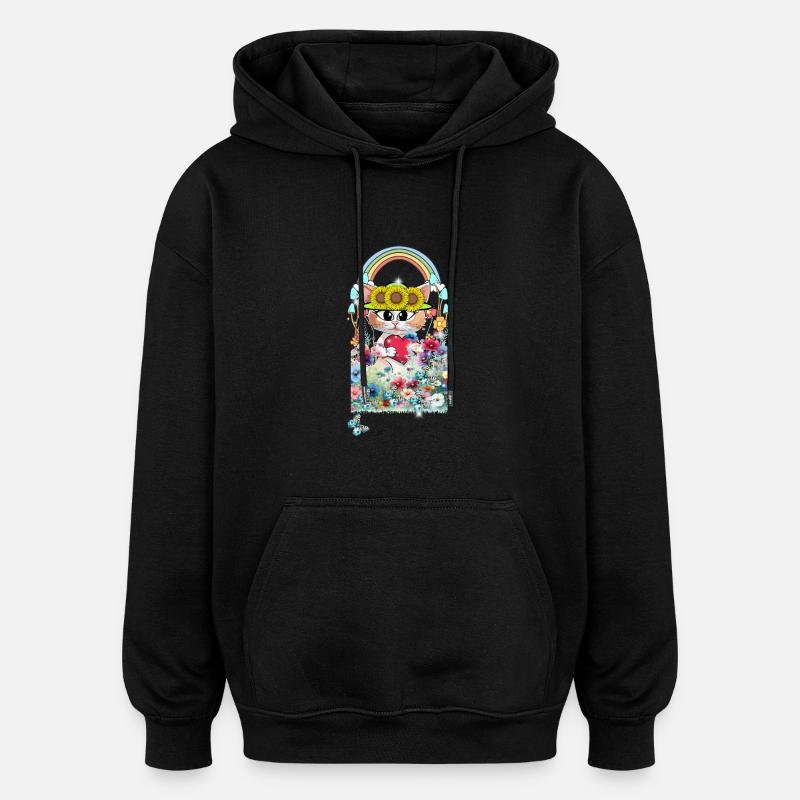 Chat Fleurs Jardin Enfants Filles - Sweat à capuche oversize unisexe - noir