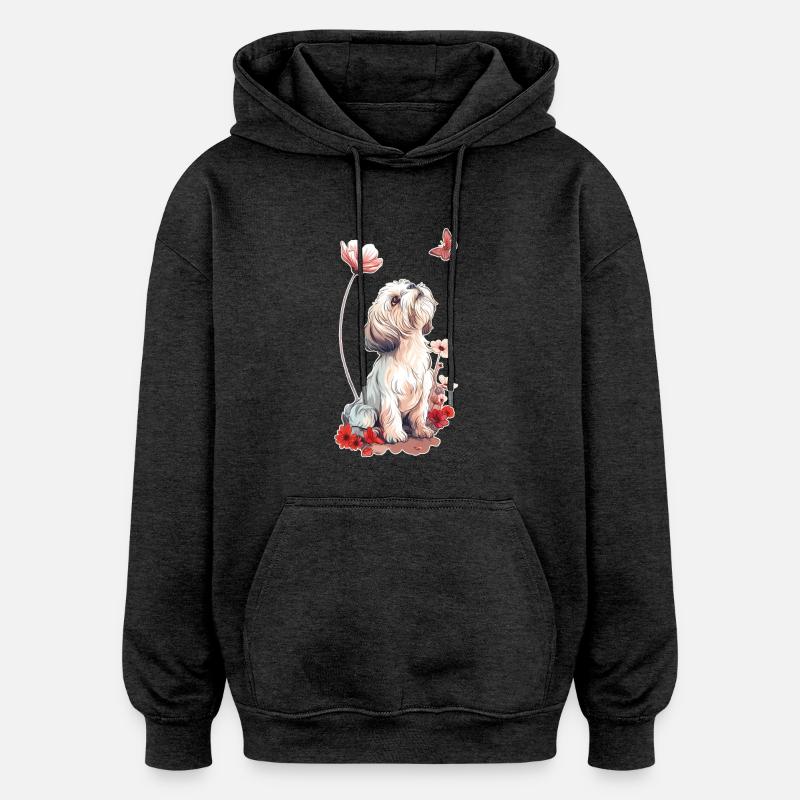 Shih Tzu et papillon - Sweat à capuche oversize unisexe - charbon