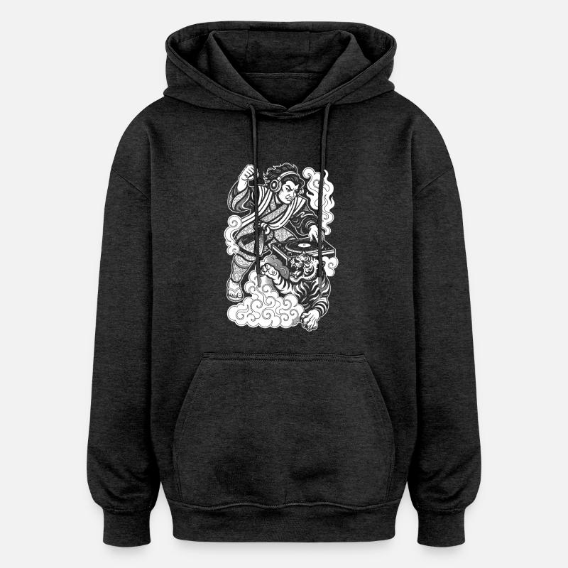 Samurai Shirt: Turntable with Techno & Tiger - Oversized Unisex Hoodie - charcoal grey