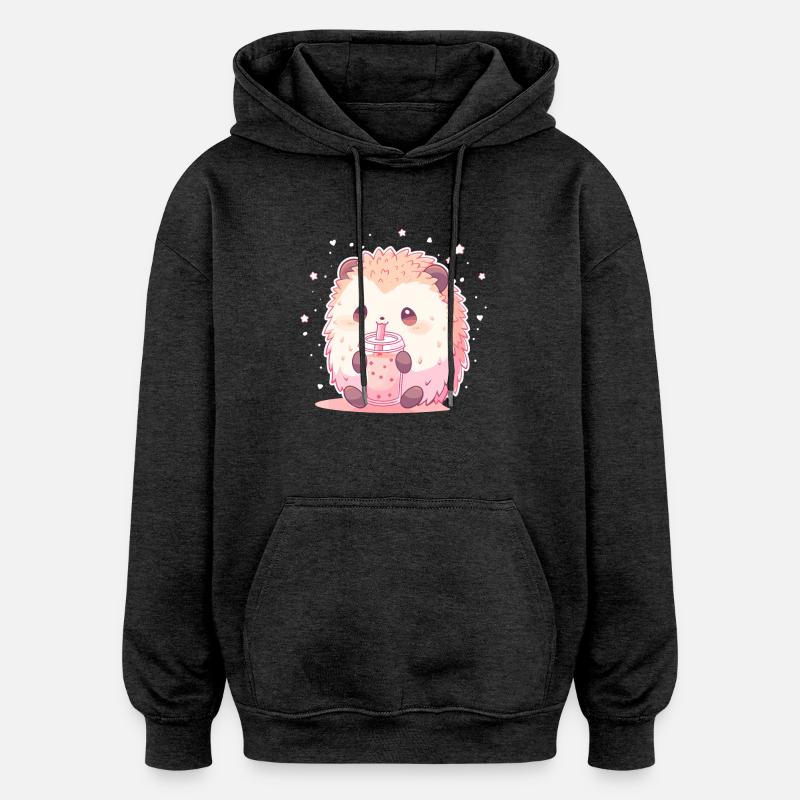 Kawaii pinnsvin drikker boba boble te chibi - Oversized unisex-hettegenser - kull