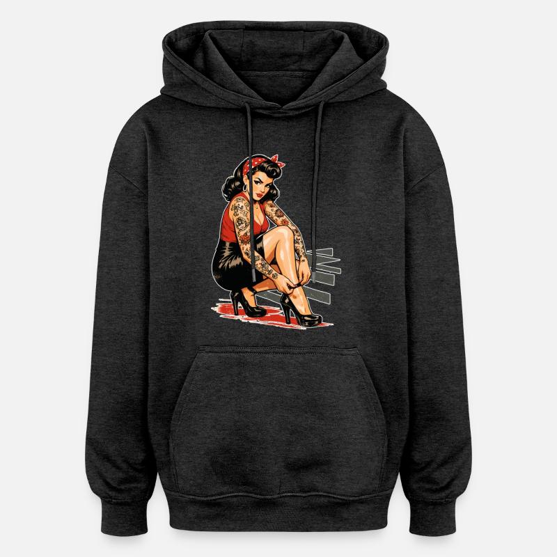 Tattoo Pin-Up: Retro Werbeprint & High Heels - Oversized Unisex Hoodie - Anthrazit