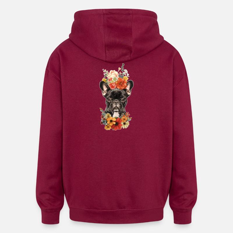 Bouledogue français avec des fleurs - Sweat à capuche oversize unisexe - bordeaux
