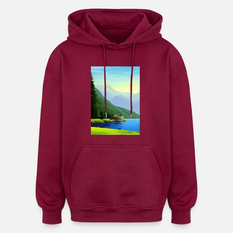 Landschaft mit See, Boot und Berge - Oversized Unisex Hoodie - Burgunderrot