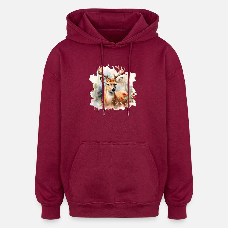 Aquarelle cerf dans la neige - Sweat à capuche oversize unisexe - bordeaux