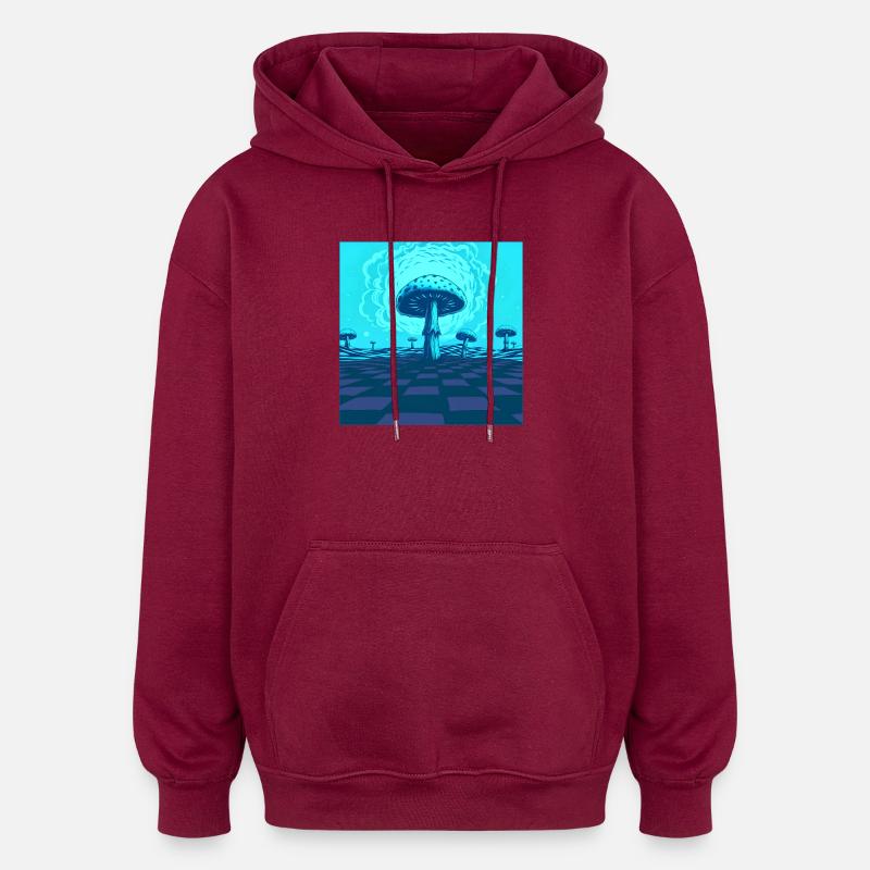 Futuristic Blue Psychedelic Mushroom Scene - Oversized Unisex Hoodie - burgundy
