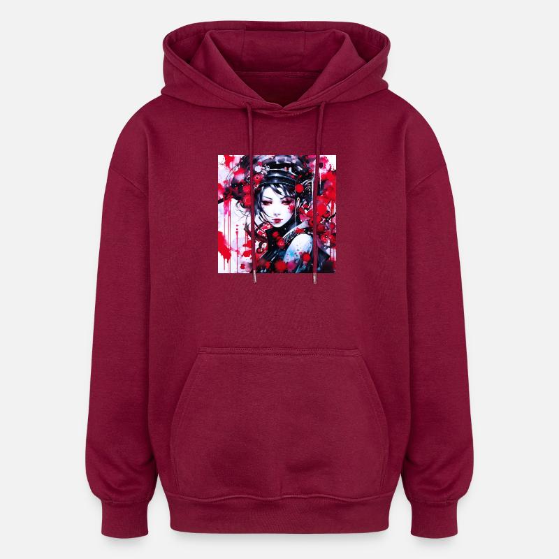 Red Splashed Futuristic Portrait - Oversized Unisex Hoodie - burgundy