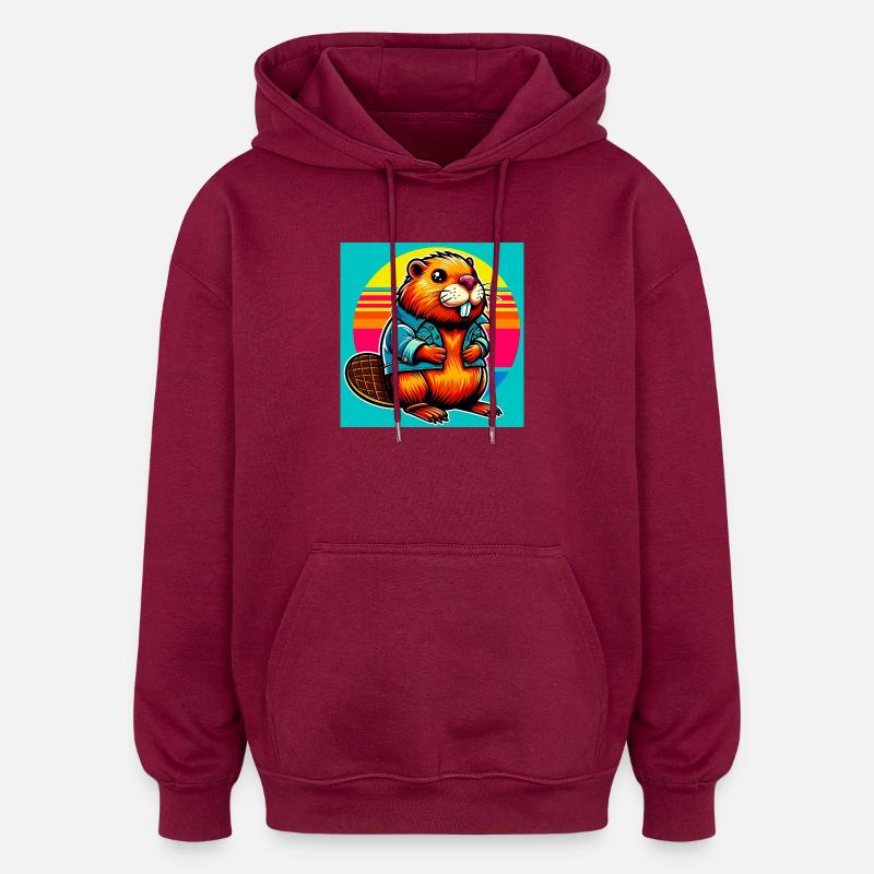 bóbr - Bluza z kapturem oversize typu unisex - czerwień burgundzka