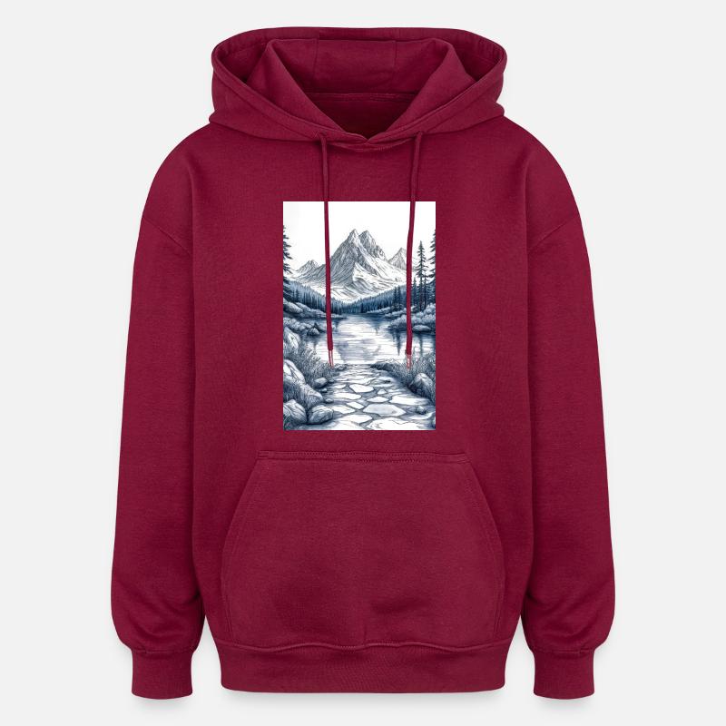Illustration einer Gebirgslandschaft - Oversized Unisex Hoodie - Burgunderrot