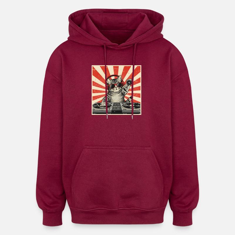 Cat DJ Pop Art rétro - Sweat à capuche oversize unisexe - bordeaux