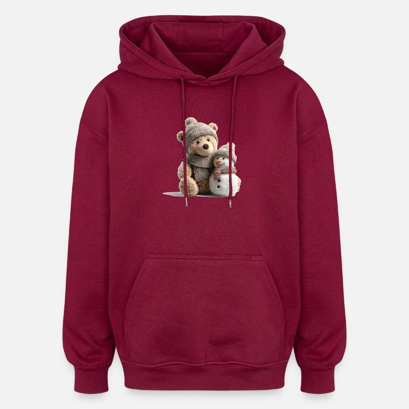 Winter Kuschelbär mit einem Schneemann - Oversized Unisex Hoodie - Burgunderrot