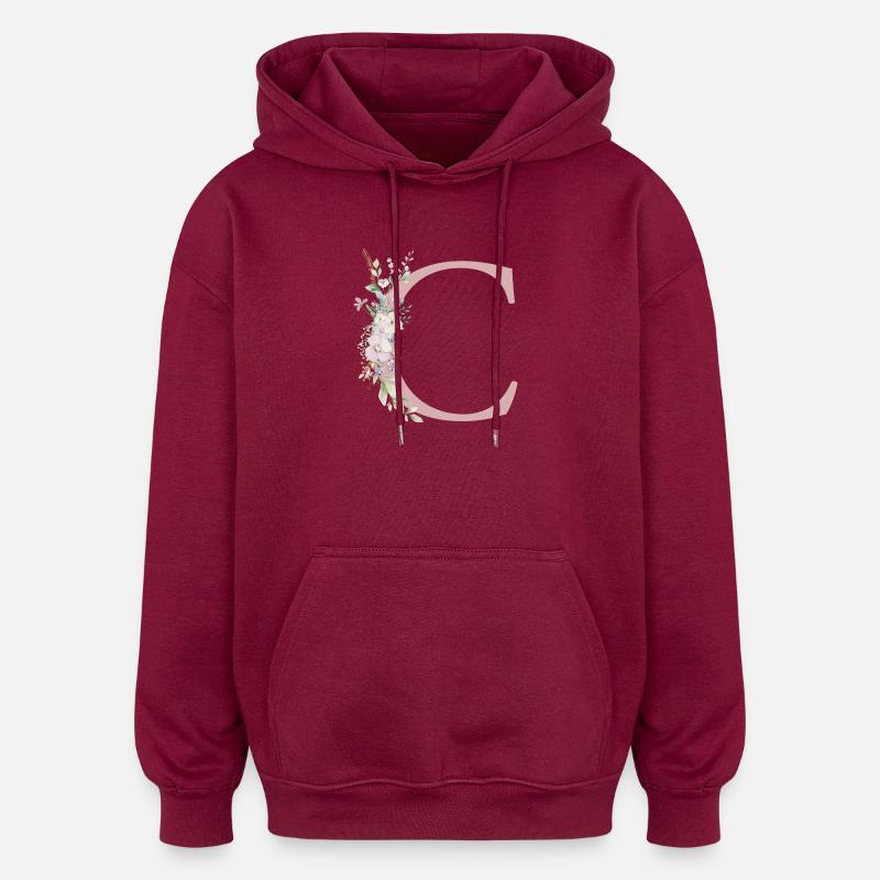 C Monogramme, Floral, Personnalisable - Sweat à capuche oversize unisexe - bordeaux
