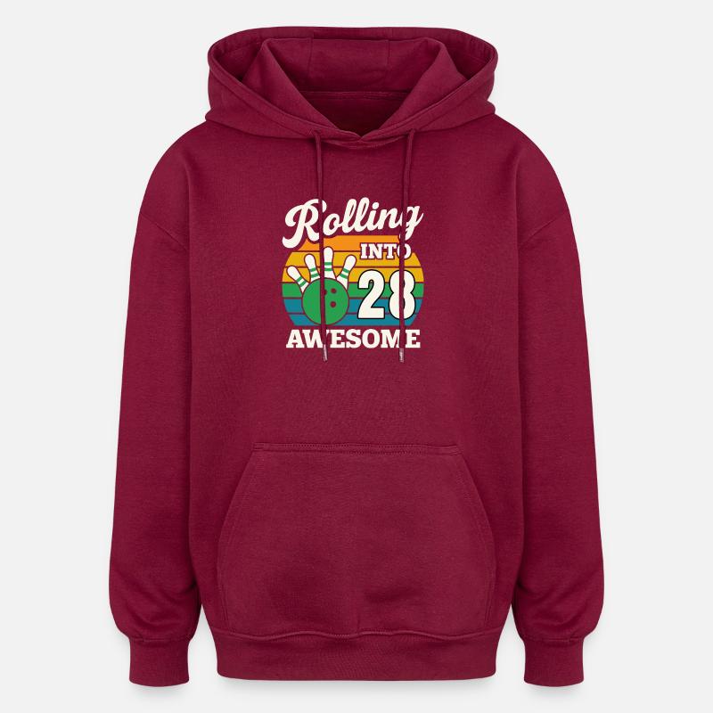 Bowling 28th Birthday Celebration Graphic - Oversized Unisex Hoodie - burgundy