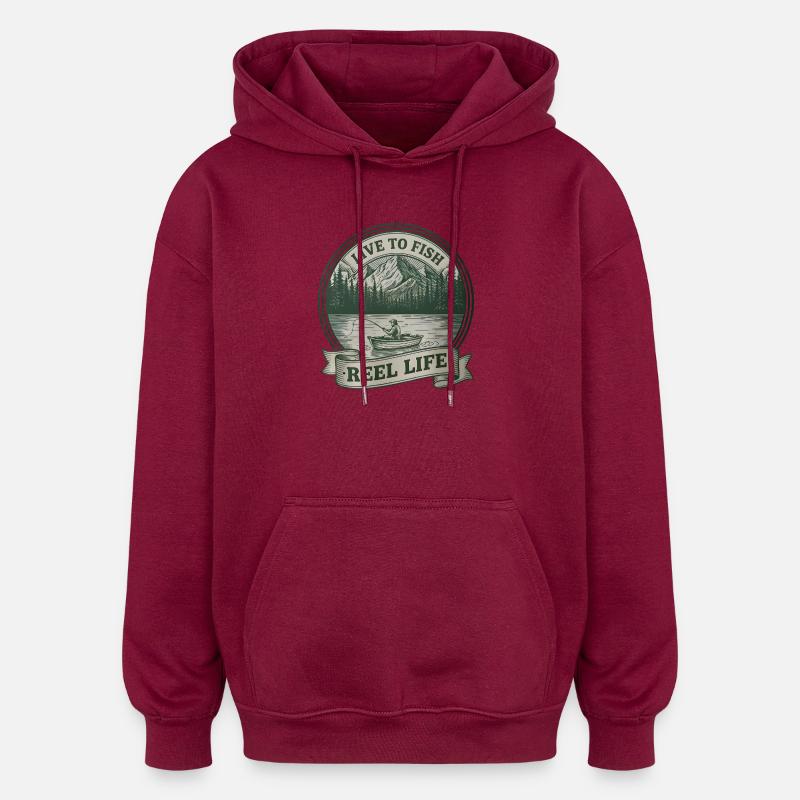 Badge de pêche Reel Life - Sweat à capuche oversize unisexe - bordeaux