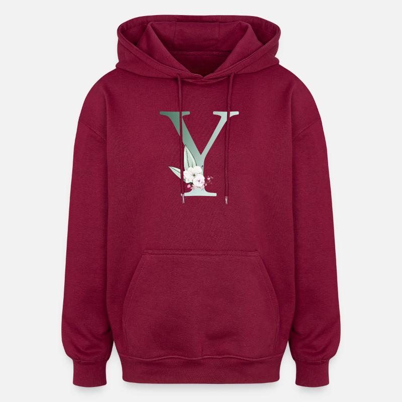 Y Monogram, Floral, Personalizable - Oversized Unisex Hoodie - burgundy