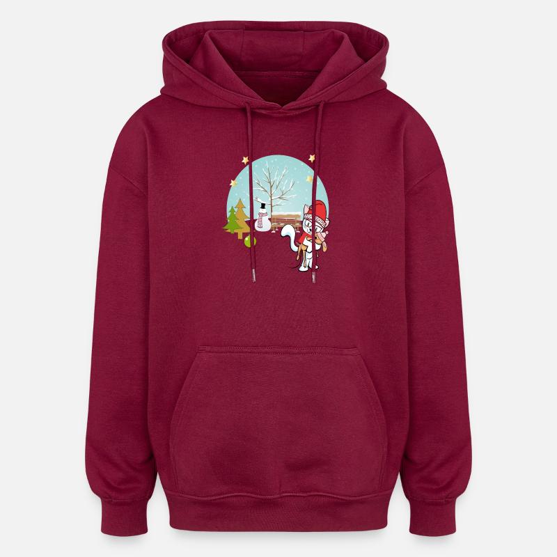  Katze mit Teddy im Winter - Oversized Unisex Hoodie - Burgunderrot