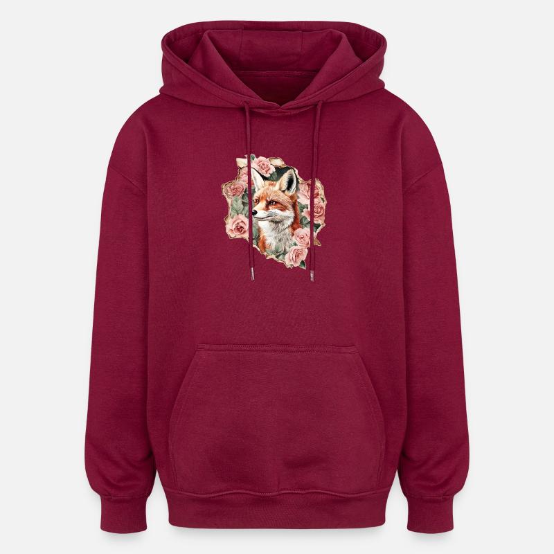 Volpe con rose - Felpa con cappuccio unisex oversize - rosso borgogna