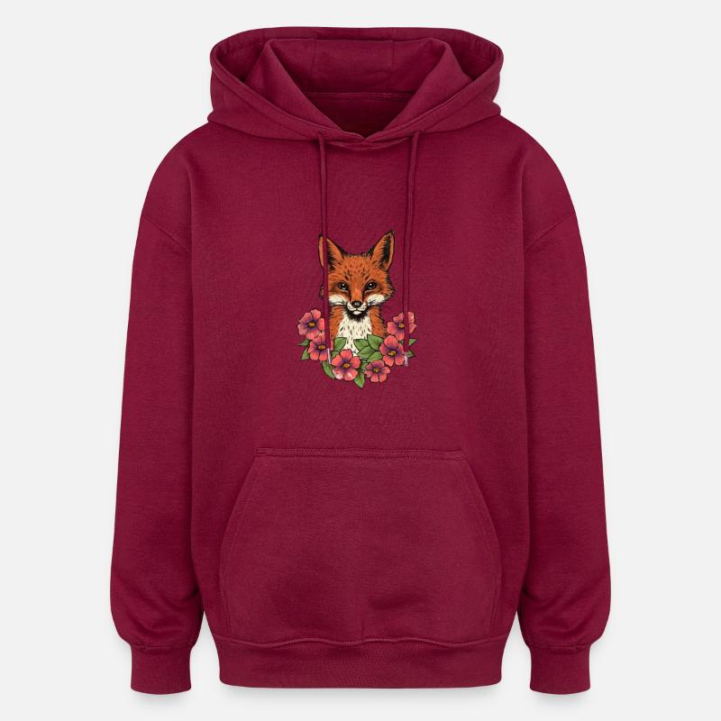 Renard en fleurs - Sweat à capuche oversize unisexe - bordeaux