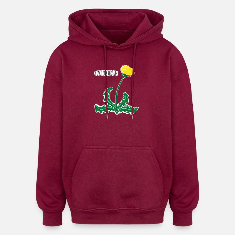Lebendige Löwenzahnillustration mit 🌞 Motivation! - Oversized Unisex Hoodie - Burgunderrot