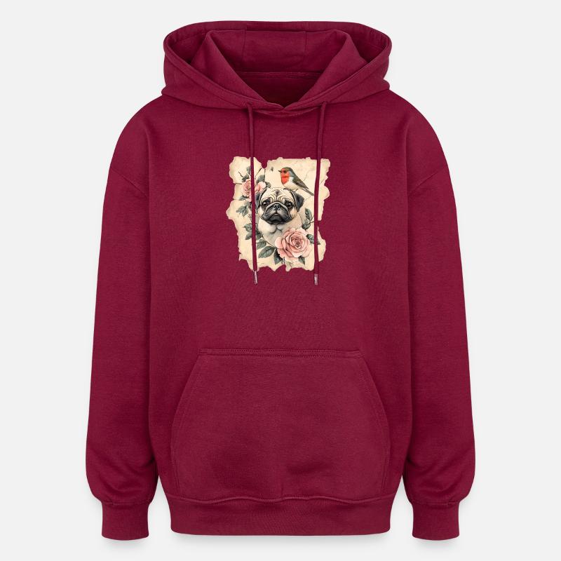Mops und Vogel - Oversized Unisex Hoodie - Burgunderrot