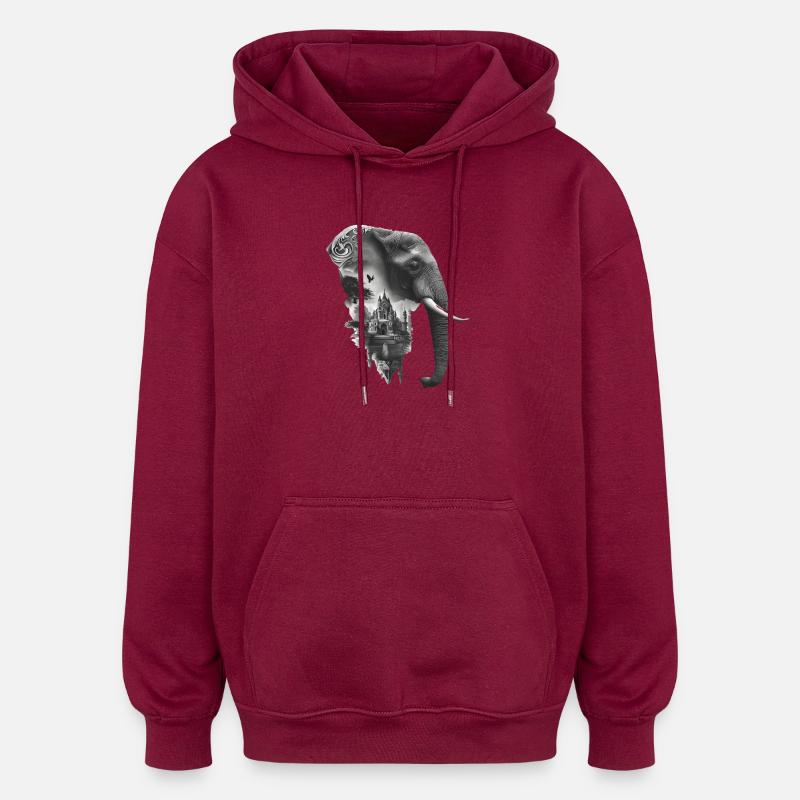 Elephant and Temple in Collage - Oversized Unisex Hoodie - burgundy