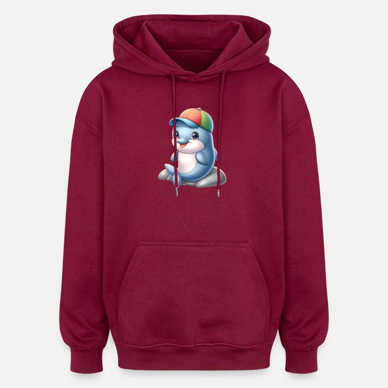 Dauphin joyeux avec un bonnet arc-en-ciel - Sweat à capuche oversize unisexe - bordeaux