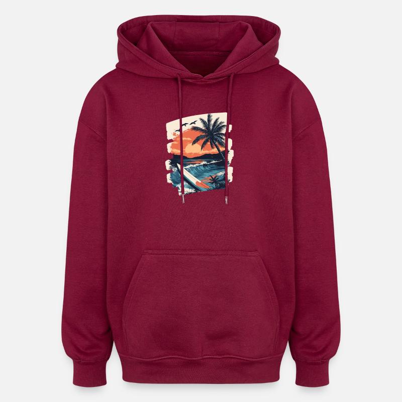 Beach Palm Trees Sunset Summer - Oversized Unisex Hoodie - burgundy